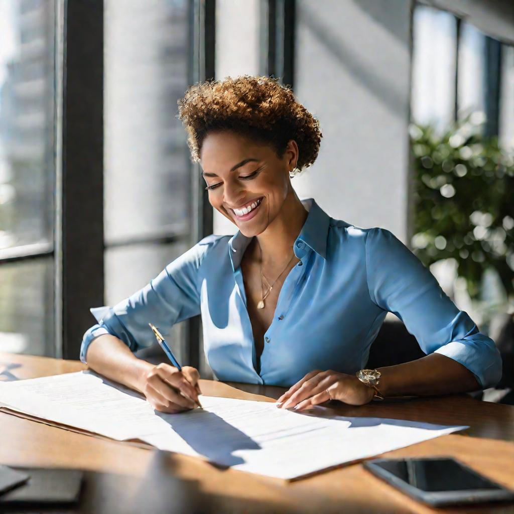 Улыбающаяся женщина, подписывающая документ