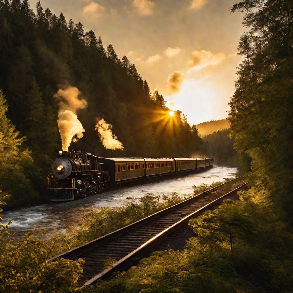 Поезд едет по железной дороге на закате