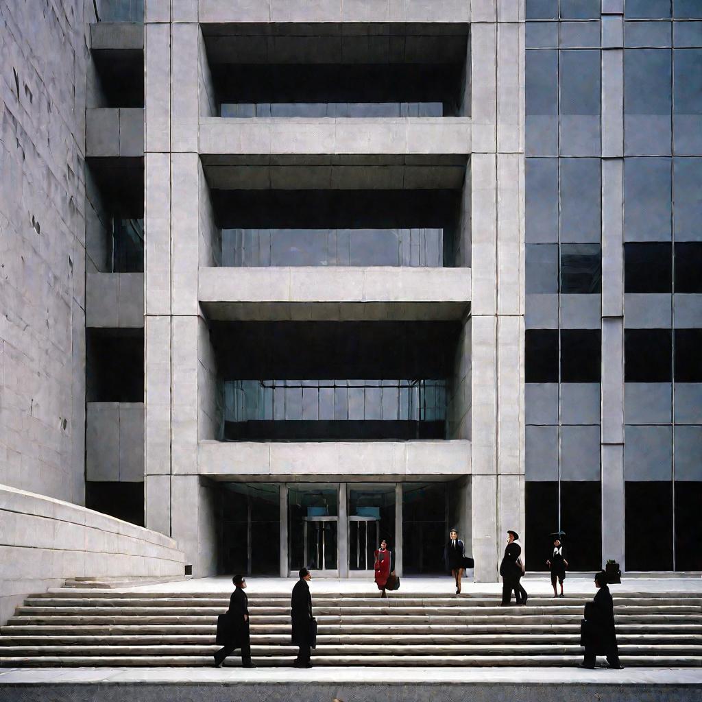 Люди идут по ступеням к входу в большое современное здание банка