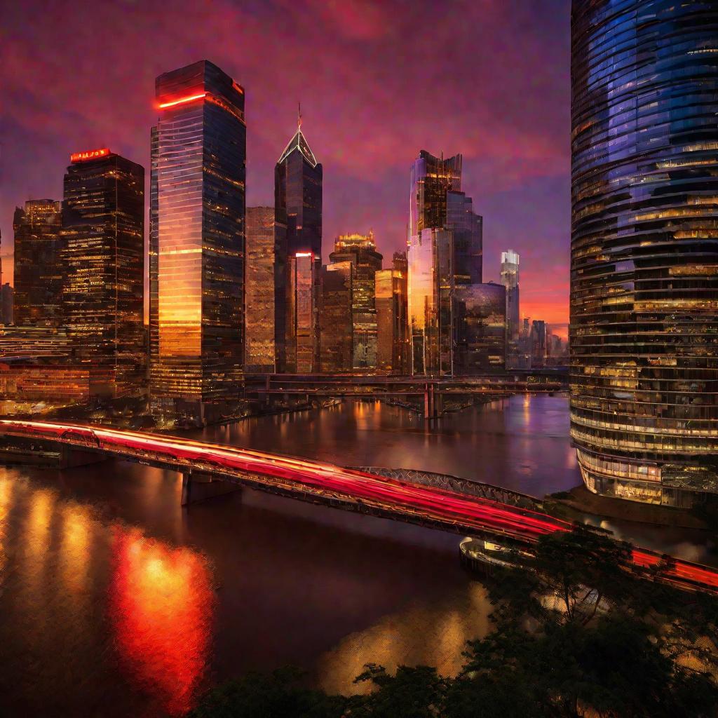 Панорама делового центра над рекой на закате