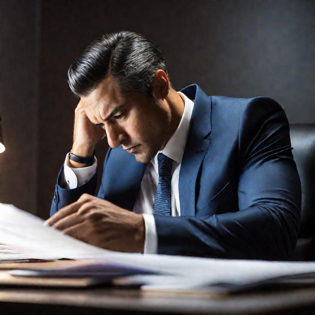 Крупный портрет делового мужчины в костюме, сидящего за столом в офисе и просматривающего финансовые документы.