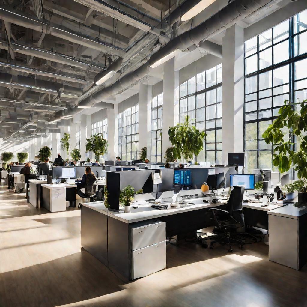 Широкий вид современного офиса, в котором много сотрудников работают за компьютерами. Большое светлое пространство ярко освещено естественным светом из больших окон. Настроение сосредоточенное и продуктивное.