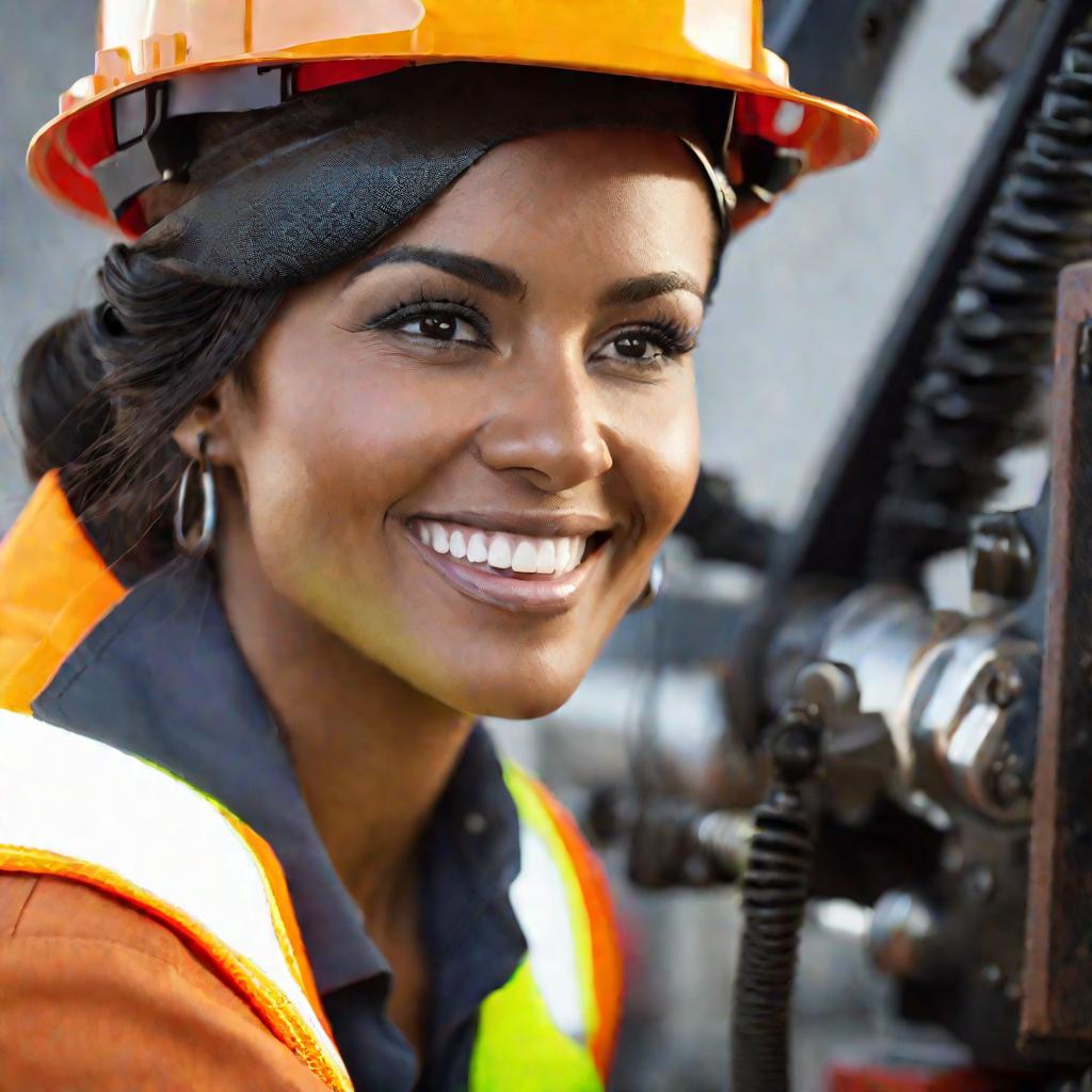 Крупным планом портрет улыбающейся женщины-горняка в каске и жилете со световозвращающими элементами. Она управляет большой промышленной буровой установкой для скальных пород, сосредоточенно работая.