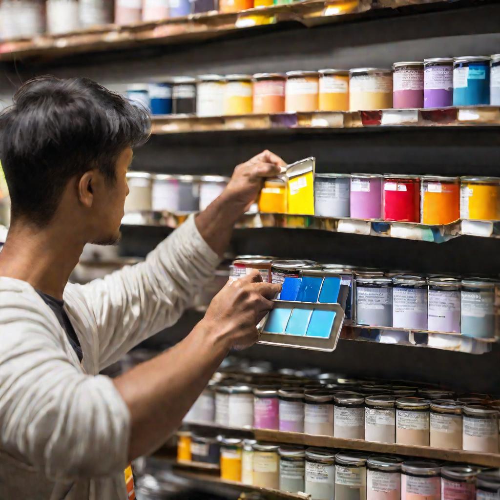 Человек сравнивает образцы красок