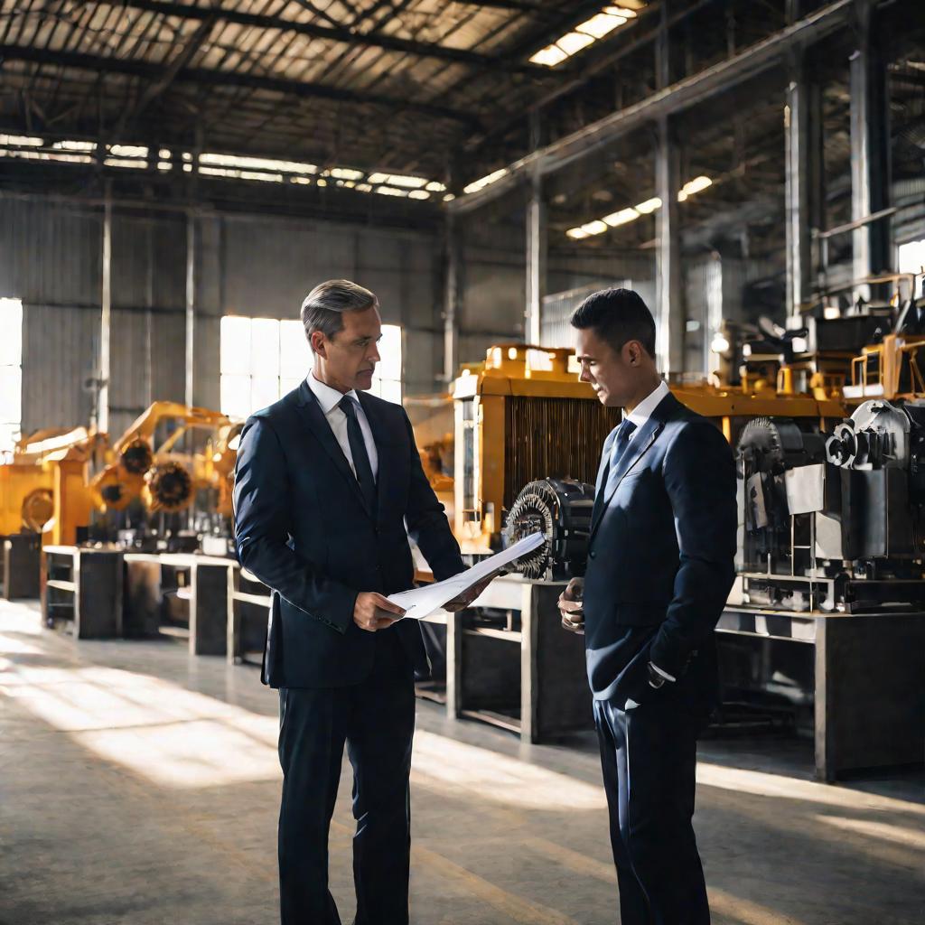 Два бизнесмена в костюмах обмениваются бумагами о передаче оборудования на заводе