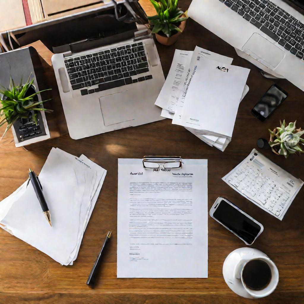 Вид сверху на рабочий стол с ноутбуком, принтером и документом акт приемки основных средств