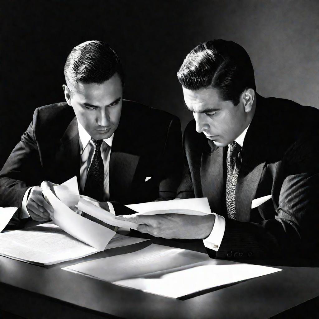 Бизнесмены в костюмах обсуждают документы