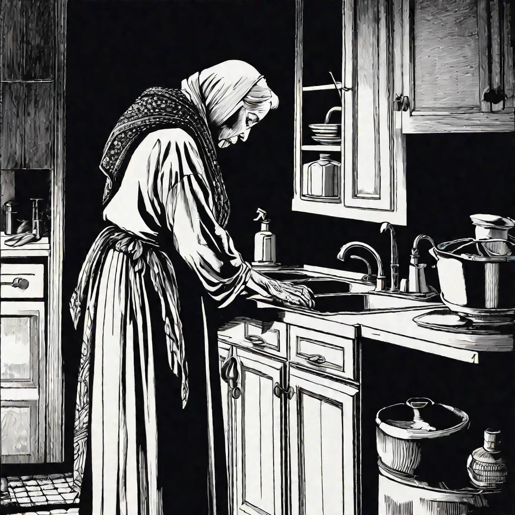 Пожилая женщина моет тарелку ночью