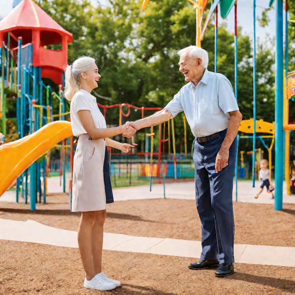 Вид снизу мужчины пожилого возраста и молодой женщины, радостно пожимающих руки на фоне новой детской площадки во дворе.