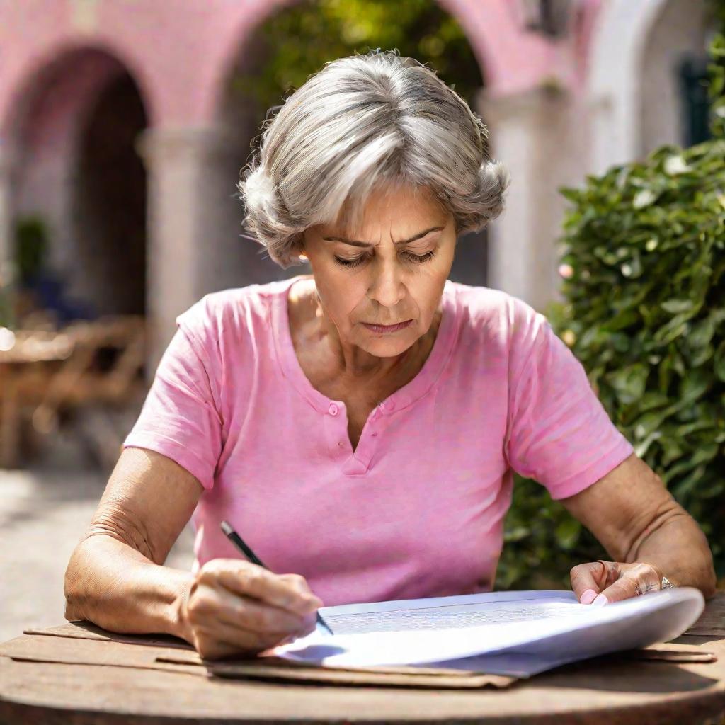 Крупный портрет женщины средних лет в розовой футболке, внимательно изучающей документ за столом на солнечном дворе.