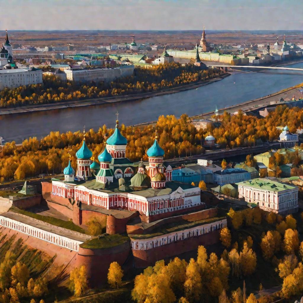 Вид сверху на Нижний Новгород осенью