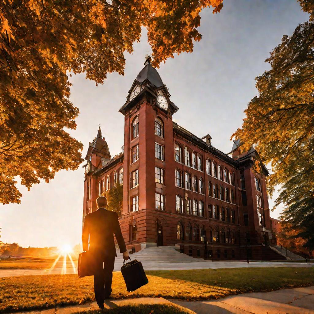 Менеджер по персоналу идет по ступеням офисного здания, неся папку с документами.