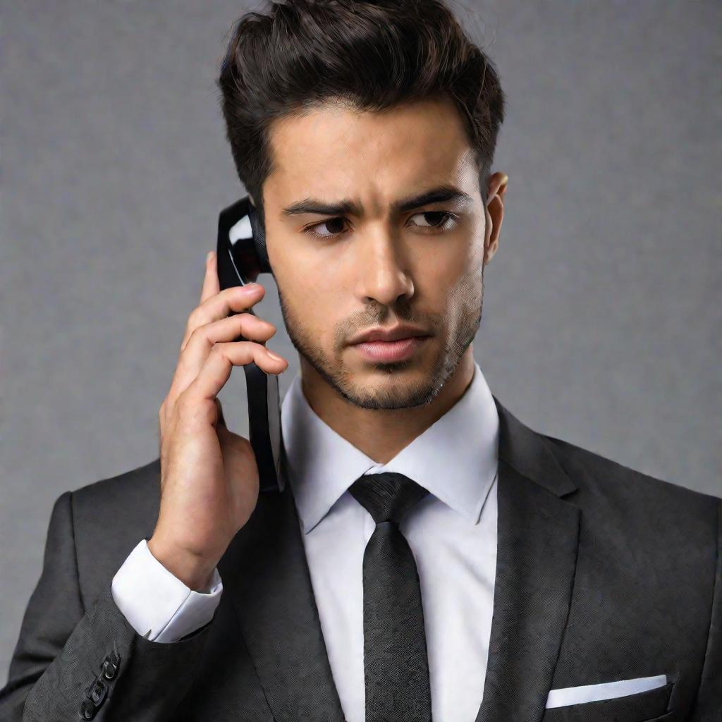 Портрет молодого бизнесмена, разговаривающего по телефону.