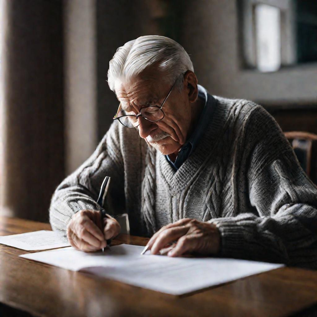Пожилой мужчина в очках и свитере подписывает документ.