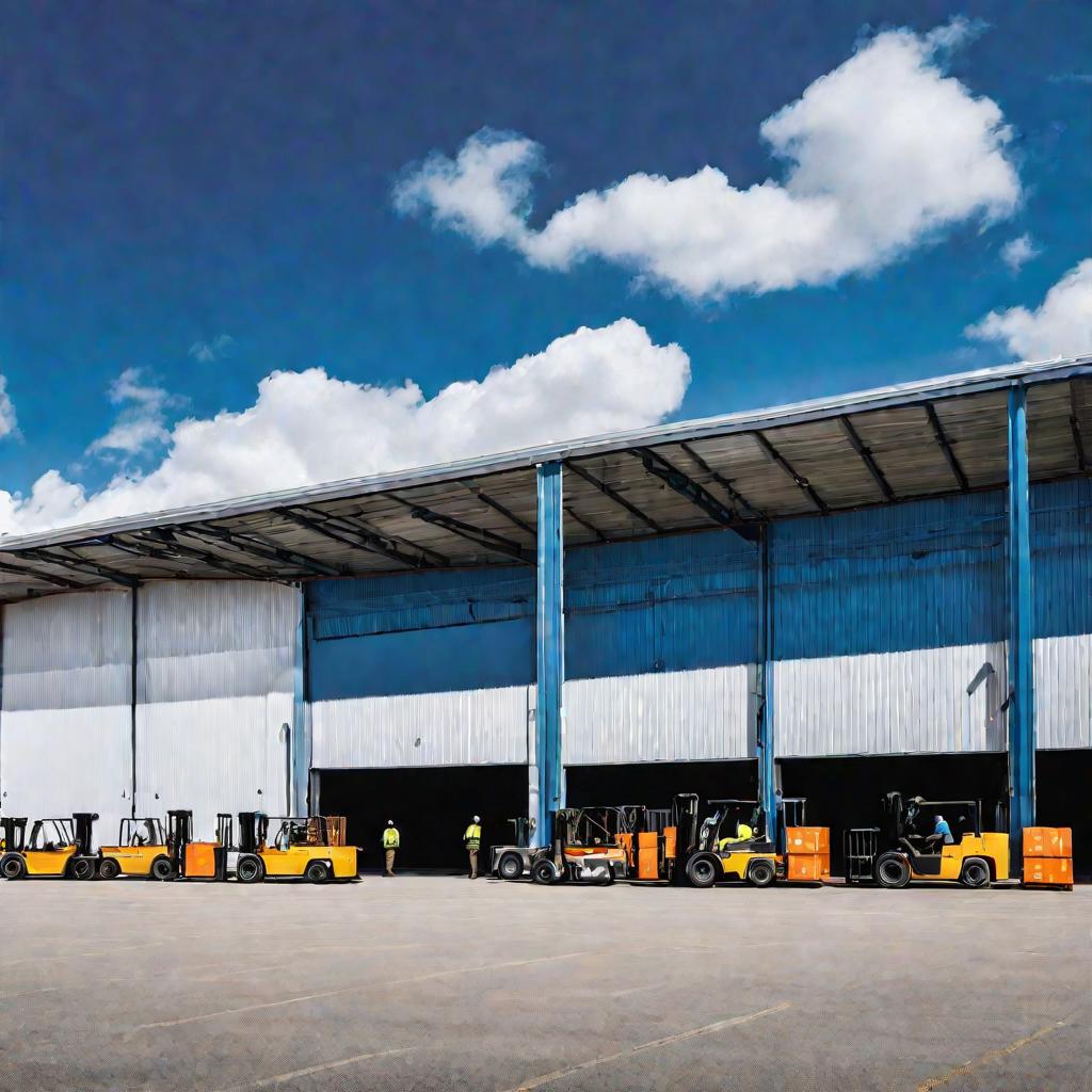 Склад с грузовиками и погрузчиками во время инвентаризации