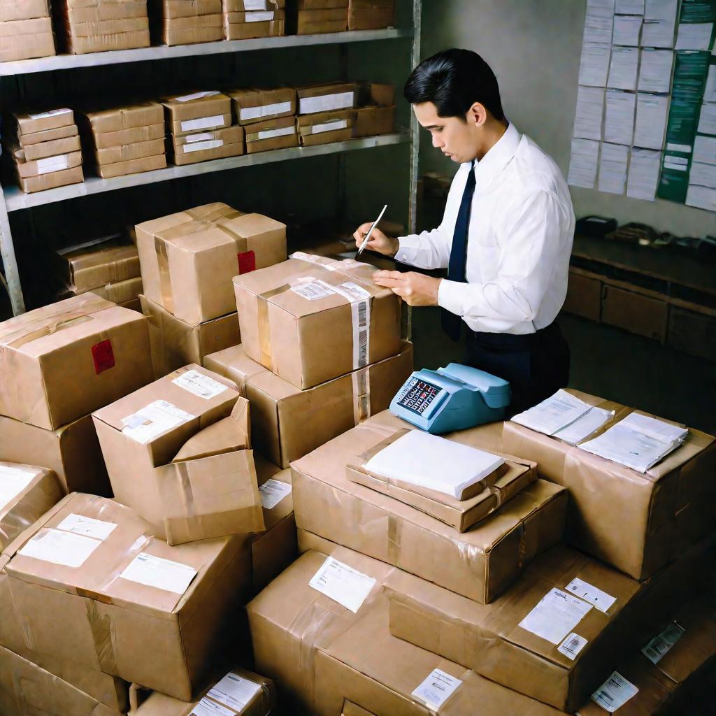 Работник почты взвешивает стопку посылок на электронных весах