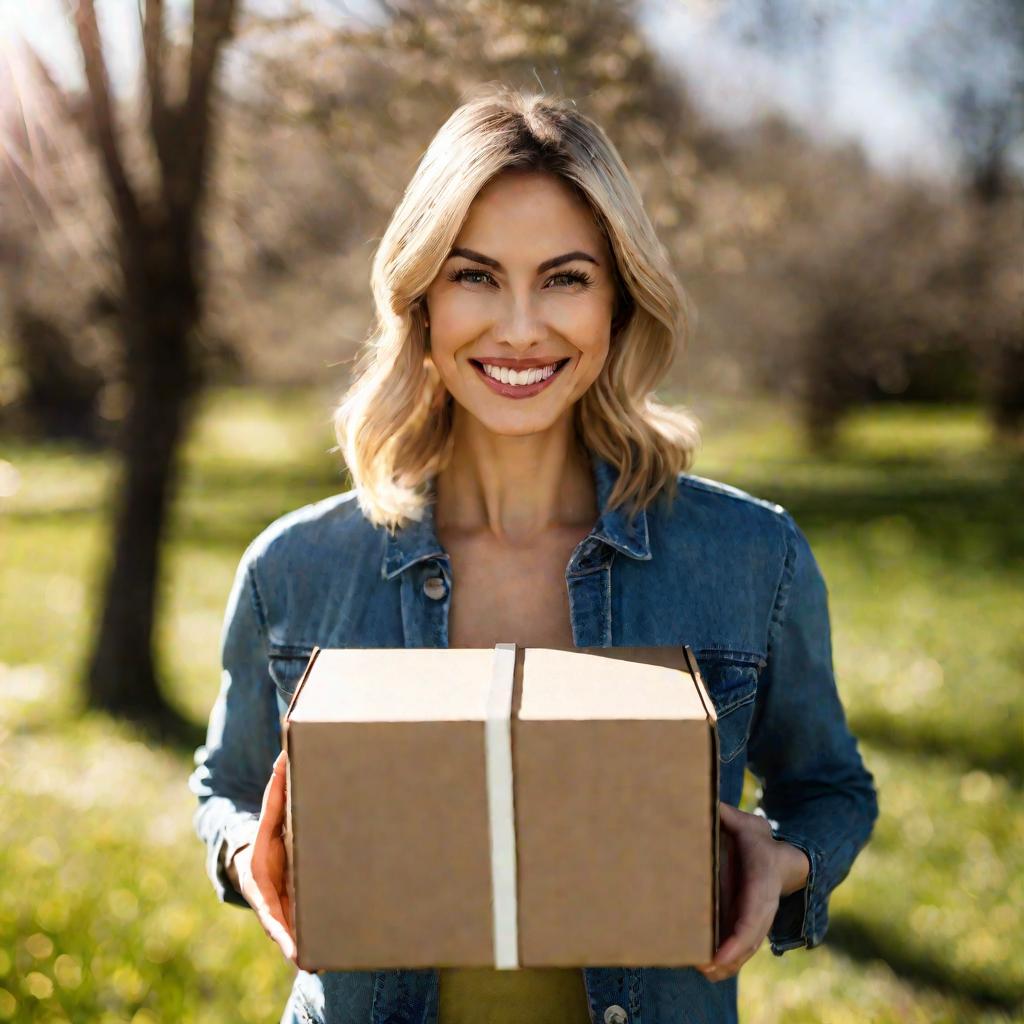 Женщина держит небольшую коробку для отправки почтой