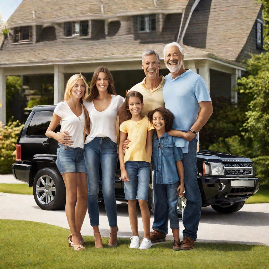 Счастливая семья позирует перед новым внедорожником на подъездной дорожке дома