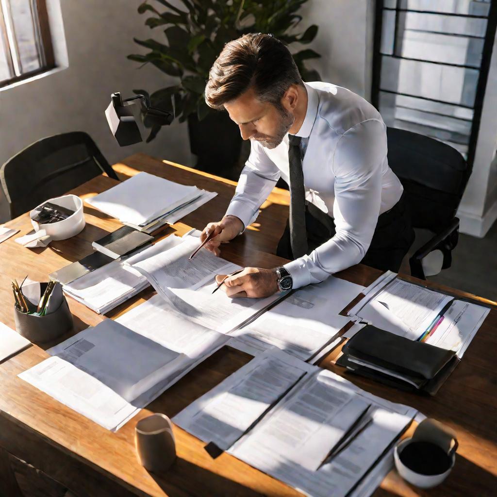Руководитель изучает документы проекта в офисе