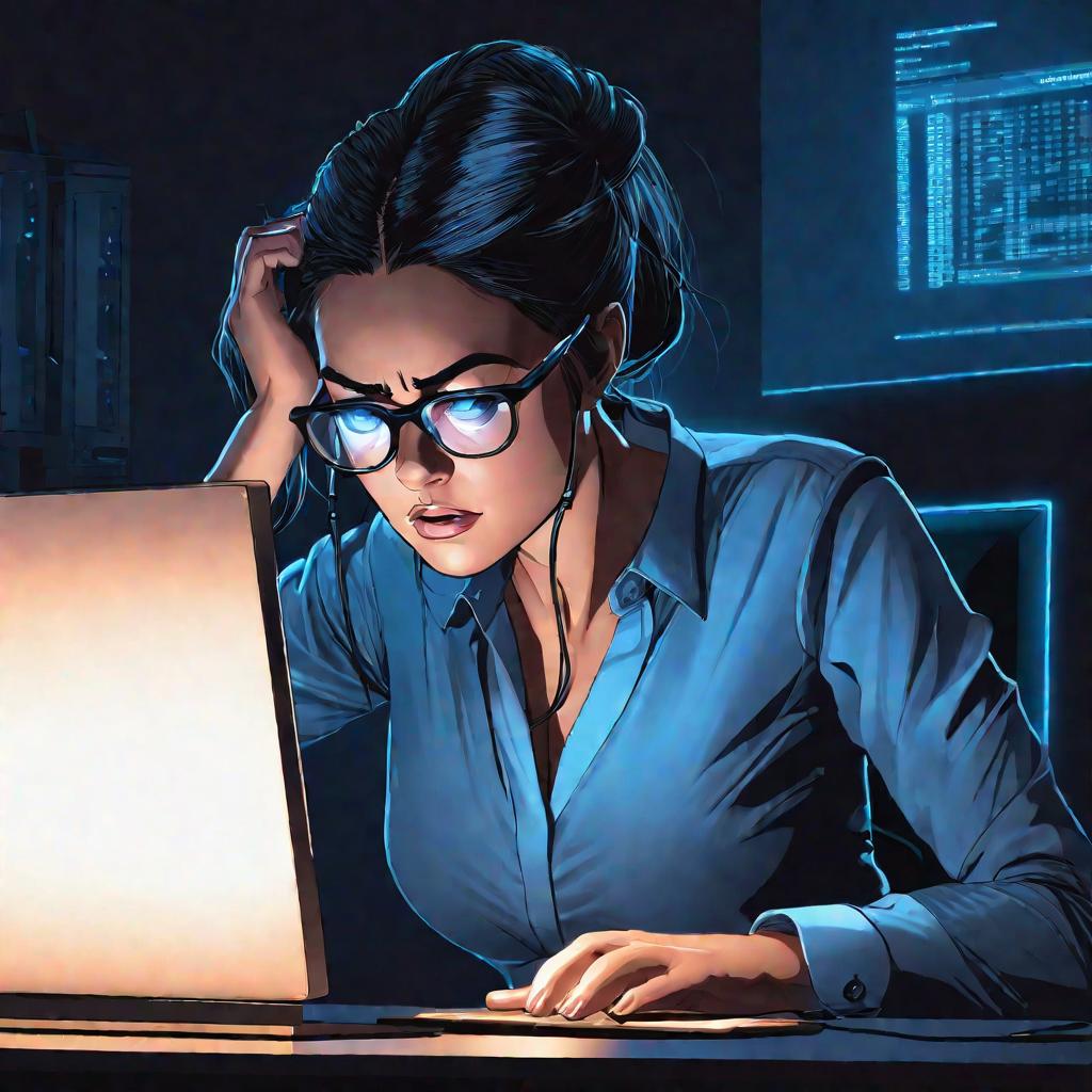 Женщина ночью сидит у компьютера в синем свете экрана, вглядываясь в него и хватаясь за волосы от напряжения