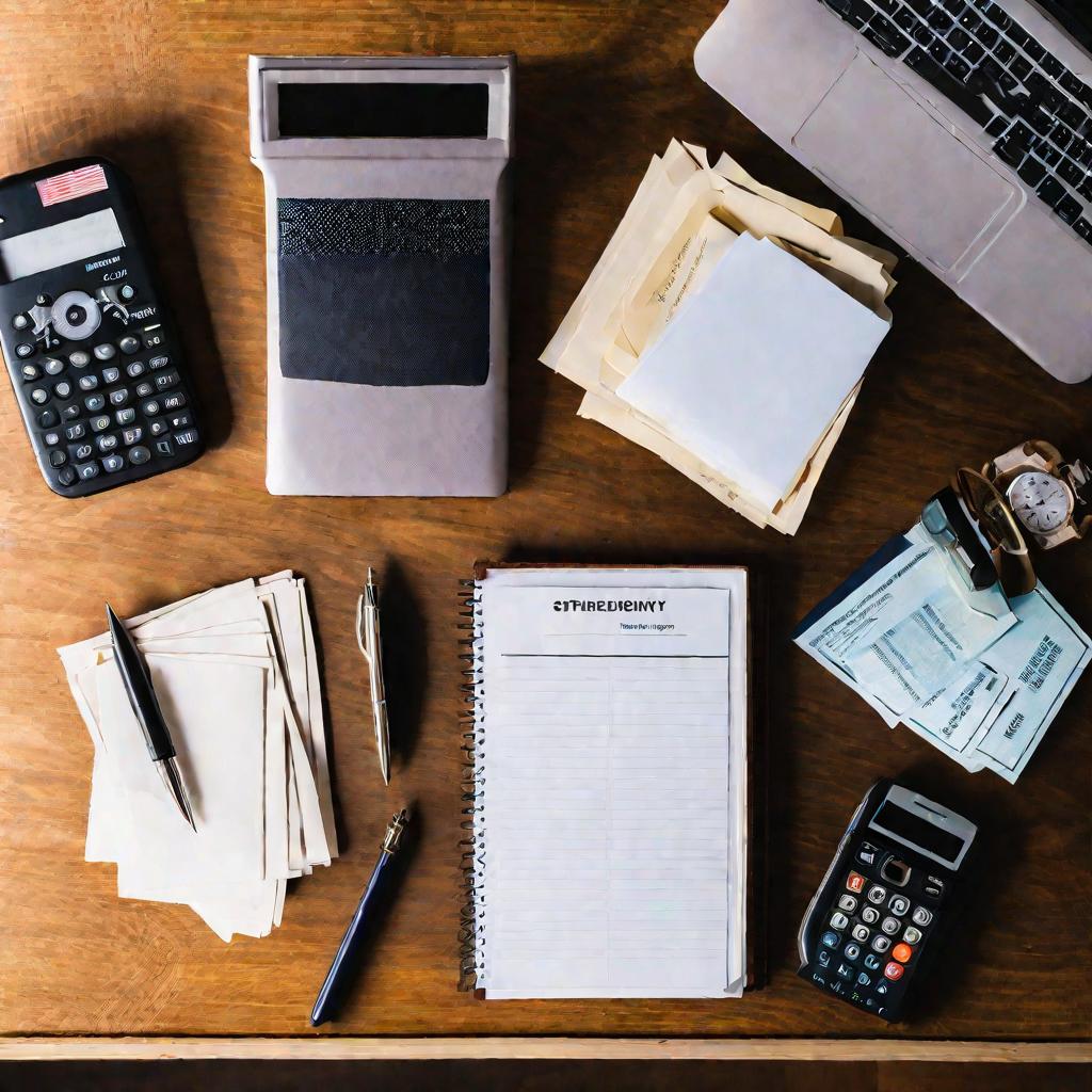 Вид сверху на деревянный стол с различными документами и бланками, включая паспорт, блокнот, ручку и калькулятор. Солнечный свет падает из окна рядом, выделяя бумаги, ожидающие рассмотрения и обработки