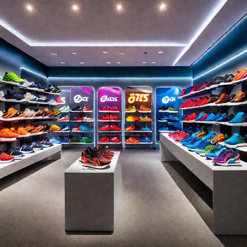 Витрина магазина с кроссовками Asics.