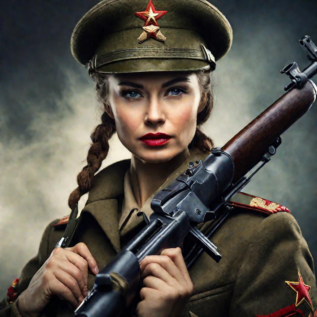 Женщина в советской военной форме с охолощенным ППШ