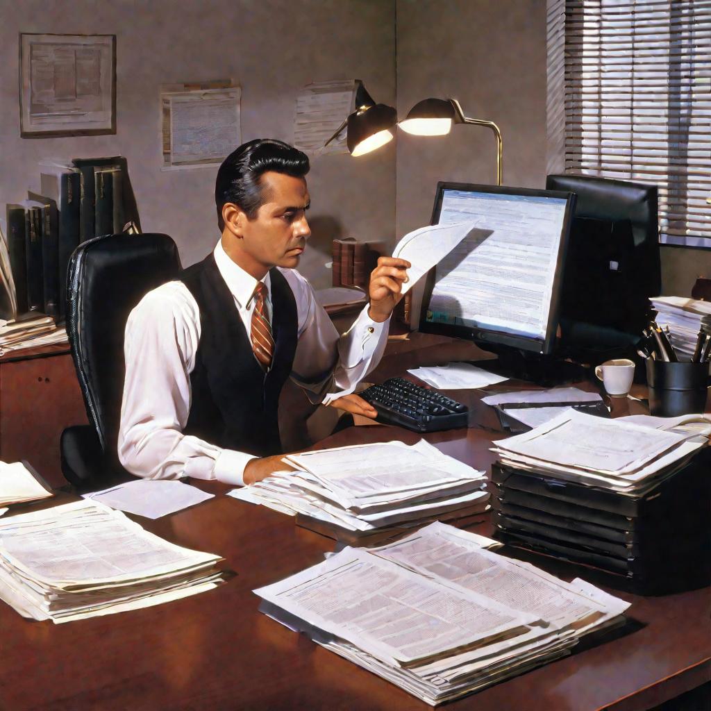 Налоговый инспектор проверяет электронные документы компании на мониторе компьютера в офисе ФНС.