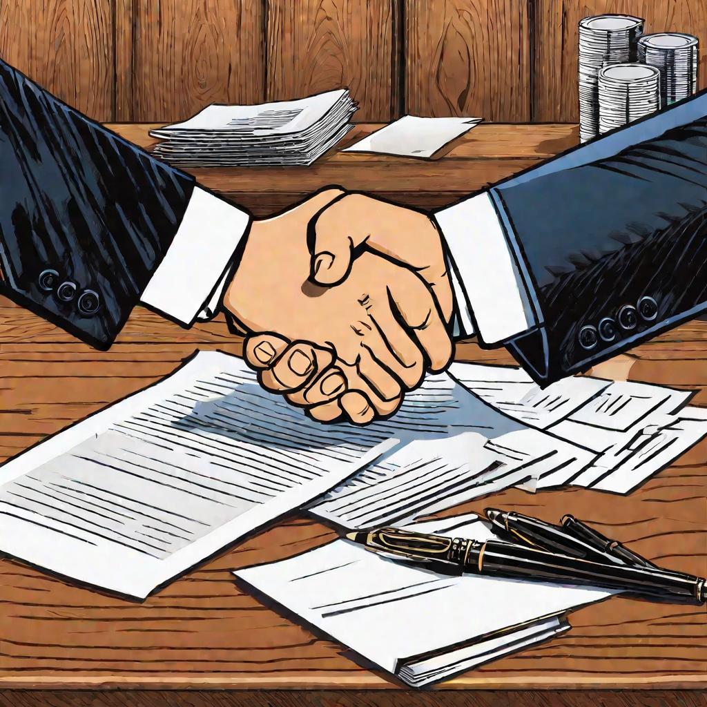 Мужские руки обмениваются пачкой бумажных документов контракта и пожимают руки через деревянный стол в офисе.