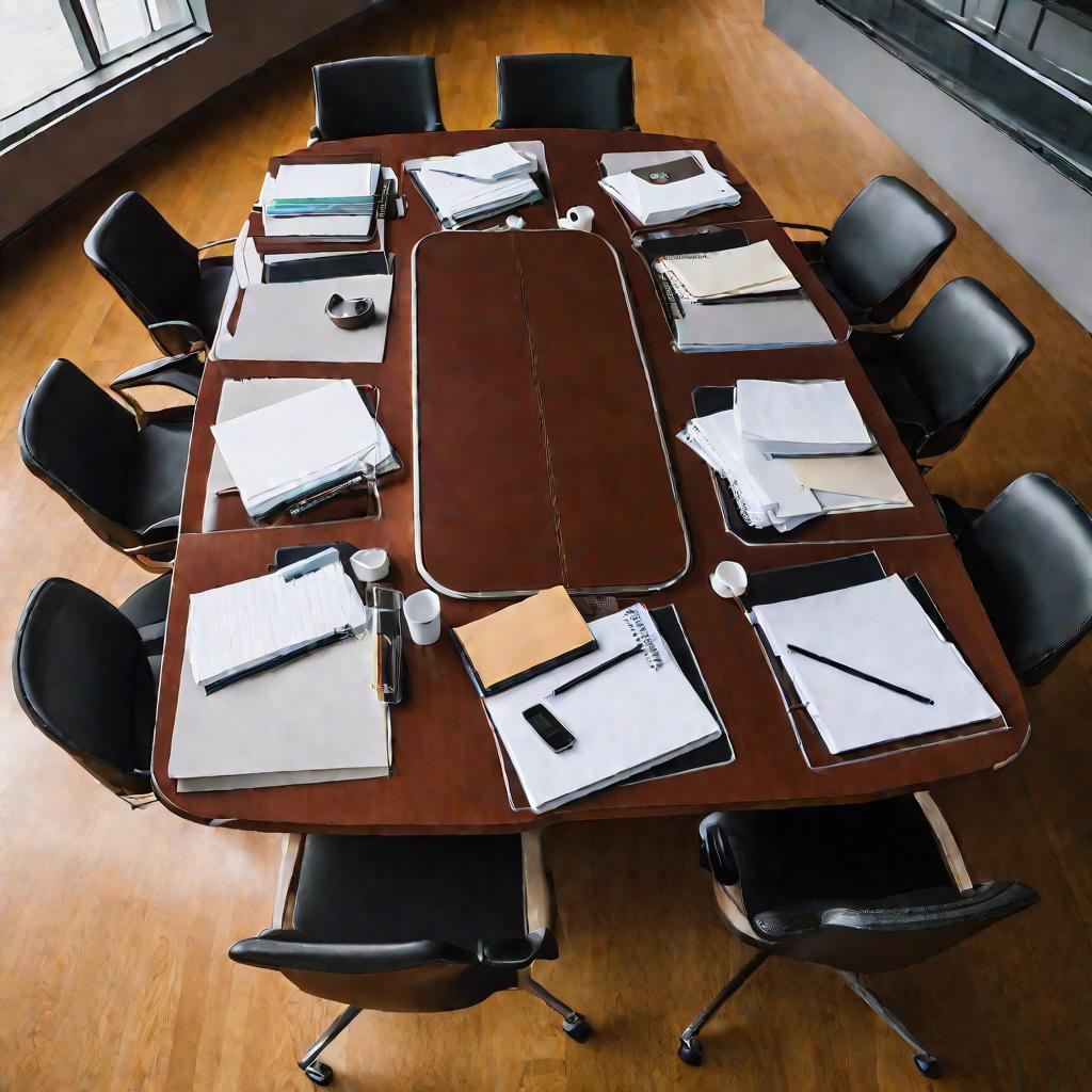 Вид сверху на конференц-стол, заваленный блокнотами, ручками, бутылками с водой и кружками кофе. За столом 12 аккуратно задвинутых стульев. Во главе стола небольшая трибуна и презентационный экран.