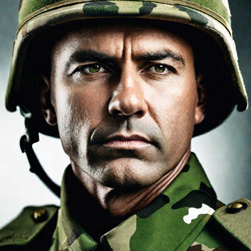 Портрет солдата с суровым выражением лица