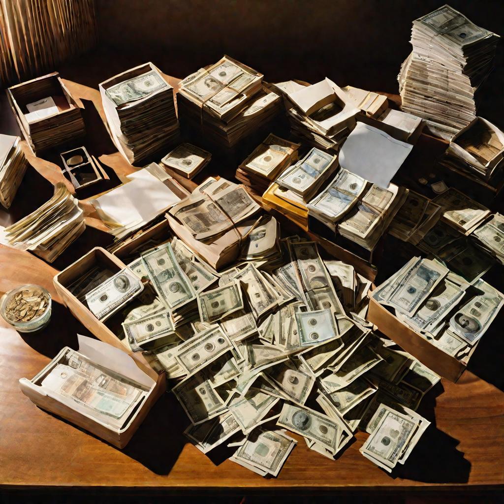 Вид сверху на стол с документами и деньгами