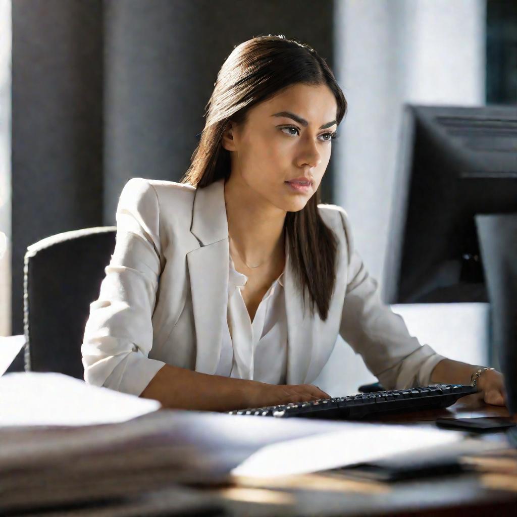 Портрет молодой женщины, внимательно смотрящей на экран компьютера