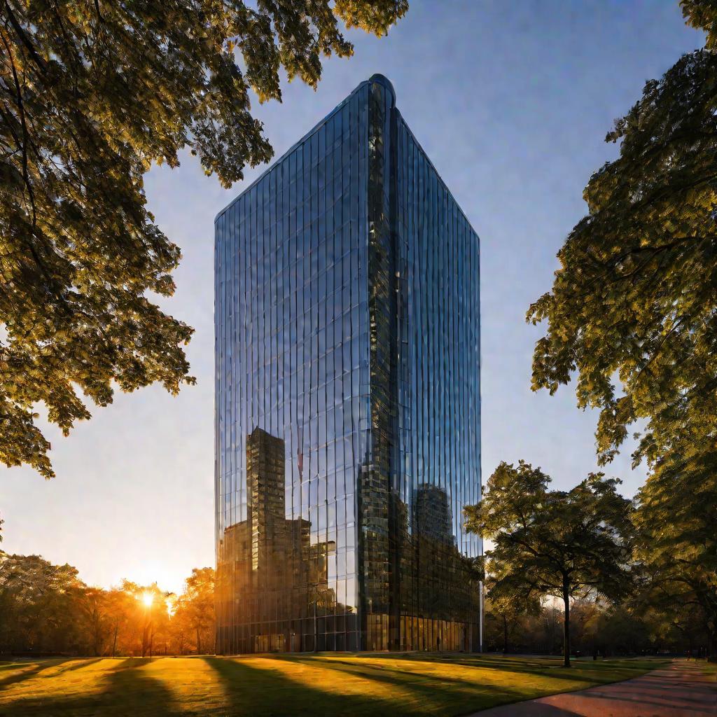 Современное 30-этажное офисное здание из стекла на фоне парка в вечерних сумерках