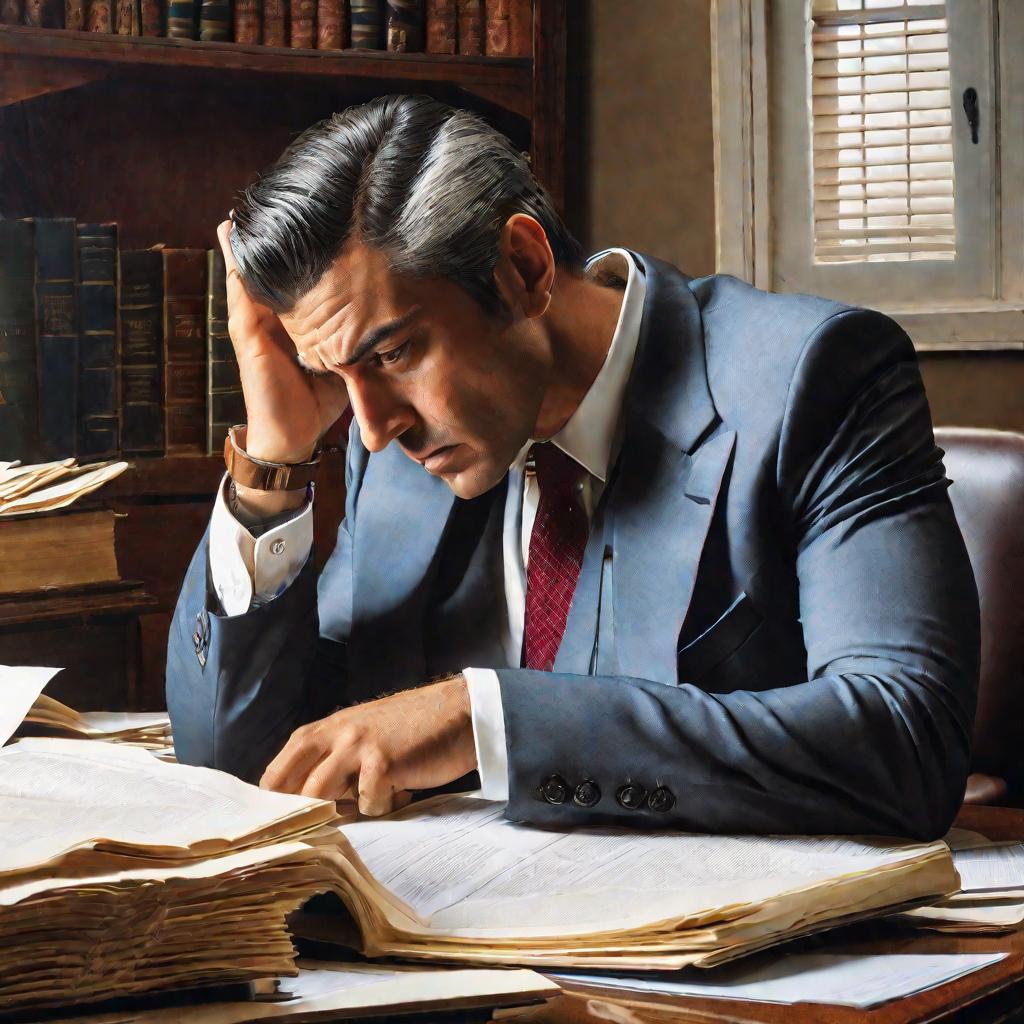 Крупным планом мужчина в костюме, обеспокоенно читающий документ в домашнем офисе.