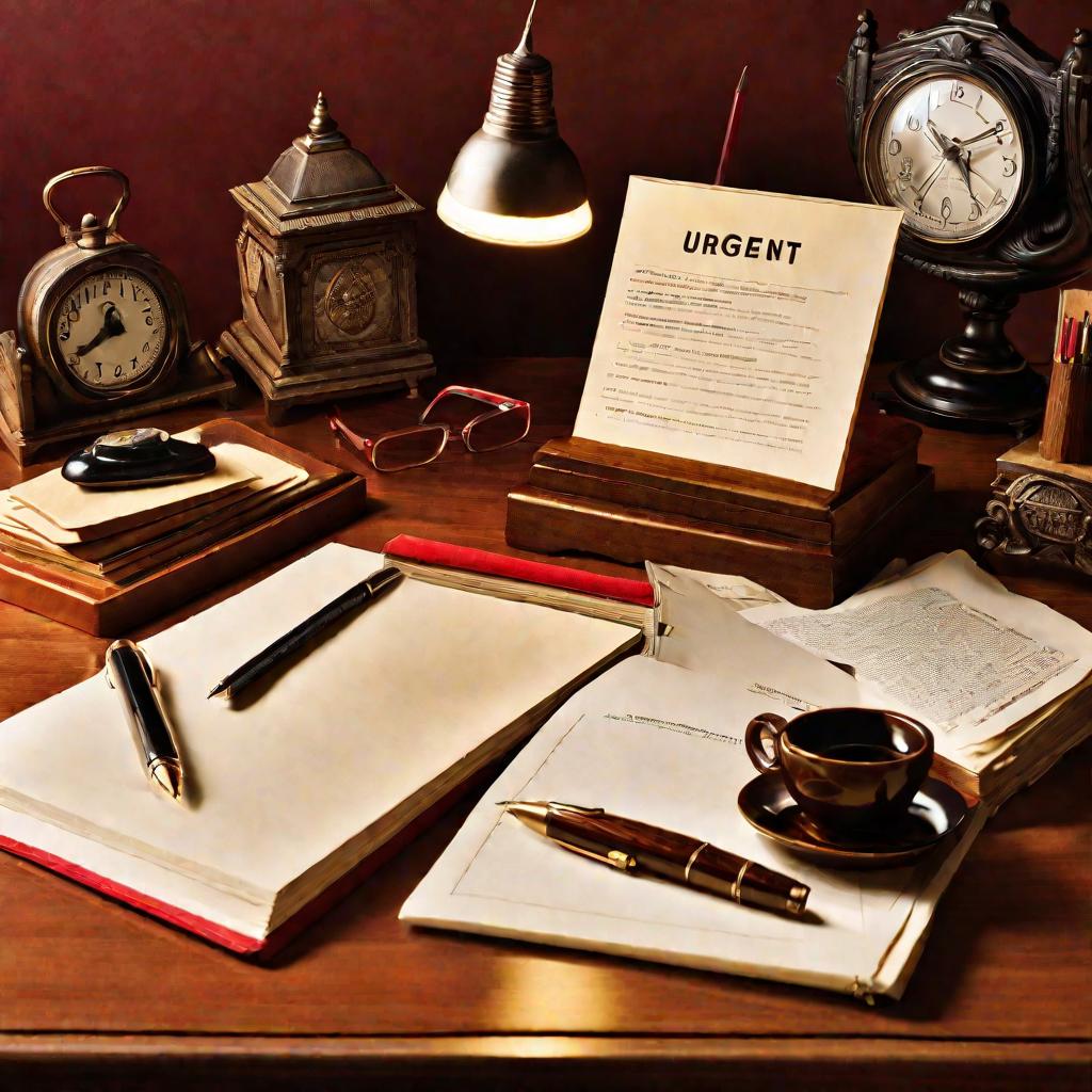 На рабочем столе лежит письмо с пометкой СРОЧНО, книги, бумаги и другие предметы.