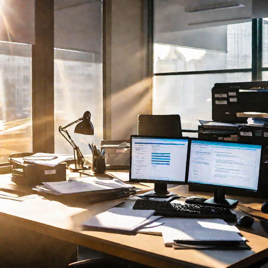 Эргономичное современное офисное рабочее место с настольным компьютером, двумя мониторами, блокнотом, ручками и открытой папкой с чек-листами и формами для проверок. Солнечный свет проникает через окно на заднем плане. Чувствуется организованность и готов
