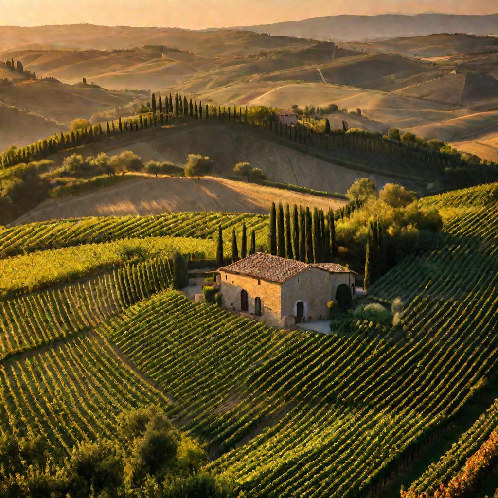 Виноградник в Тоскане на закате