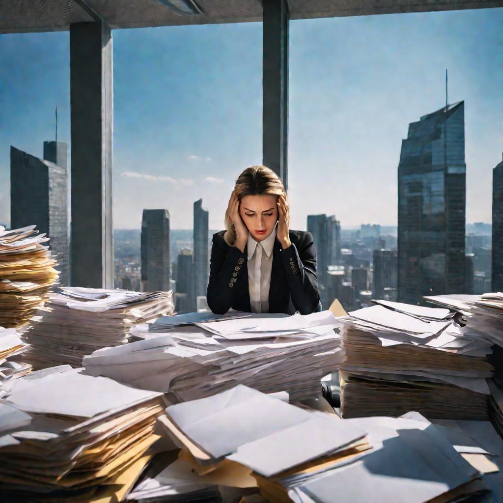 Женщина в офисе среди бумаг со штрафами