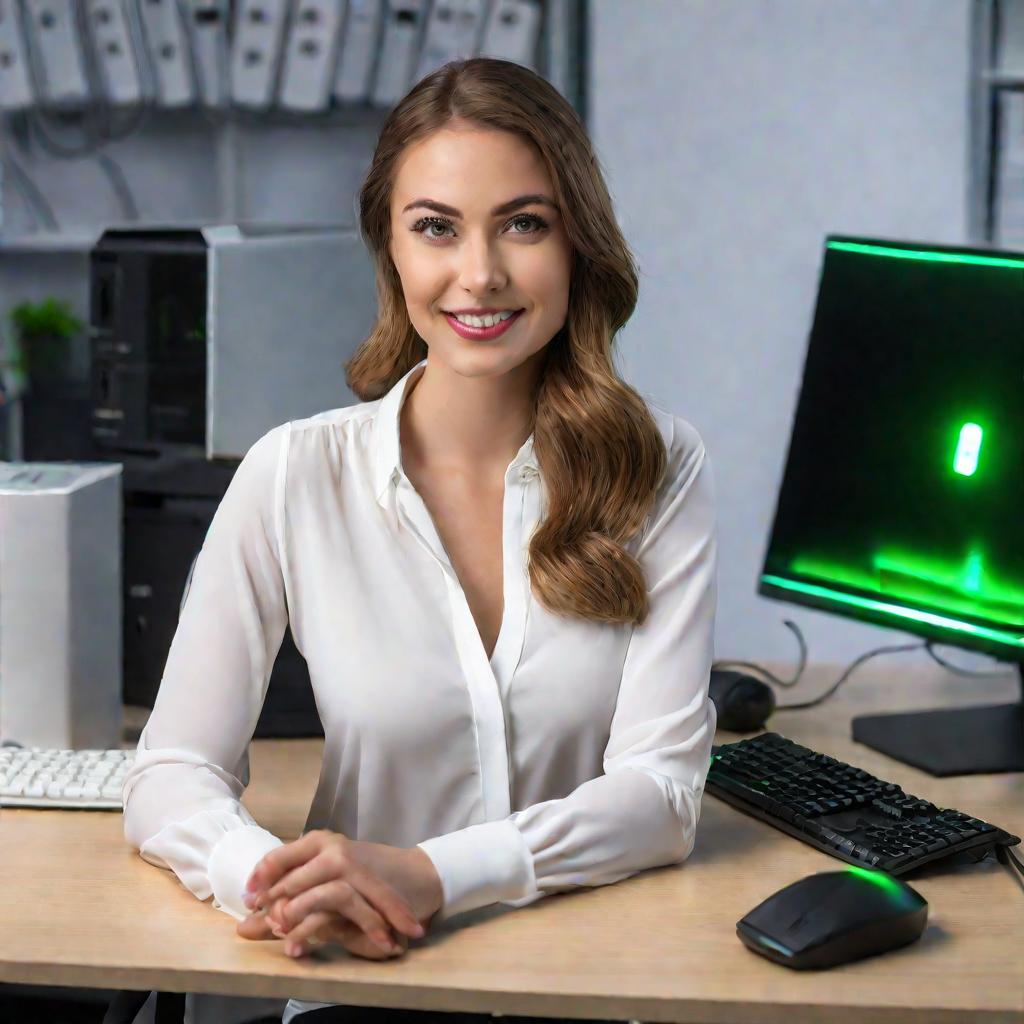 Портрет сотрудницы в офисе с ИБП