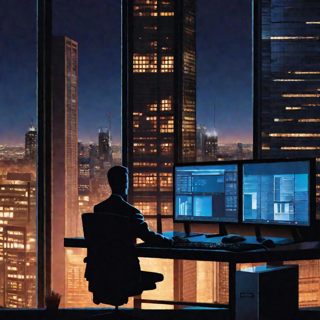 Офисный небоскреб ночью с силуэтом человека, работающего на компьютере