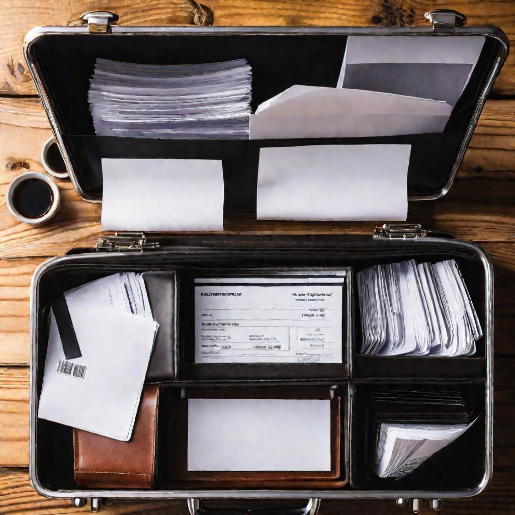 Драматичный вид сверху на открытый портфель на столе с папками со счетами и чеками