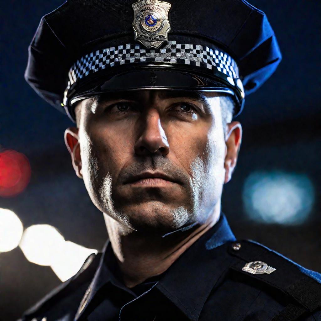 Портрет полицейского снизу вверх с серьезным лицом