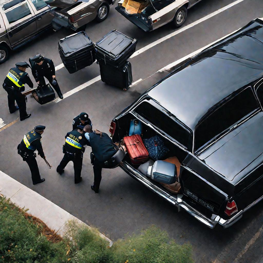 Полицейский ночью светит фонариком в багажник остановленной машины