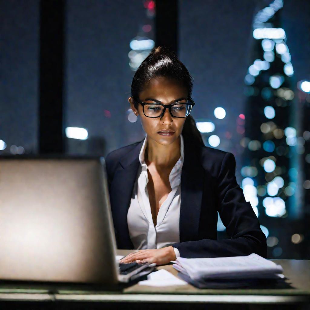 Портрет уставшей женщины-бухгалтера, работающей ночью в офисе.