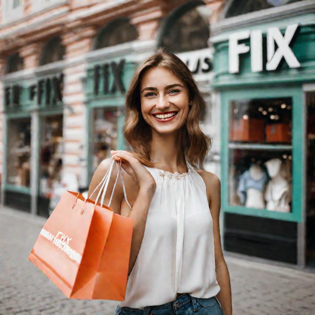 Крупный план портрет улыбающейся молодой женщины, гордо держащей свой пакет с покупками перед магазином Фикс Прайс в Москве
