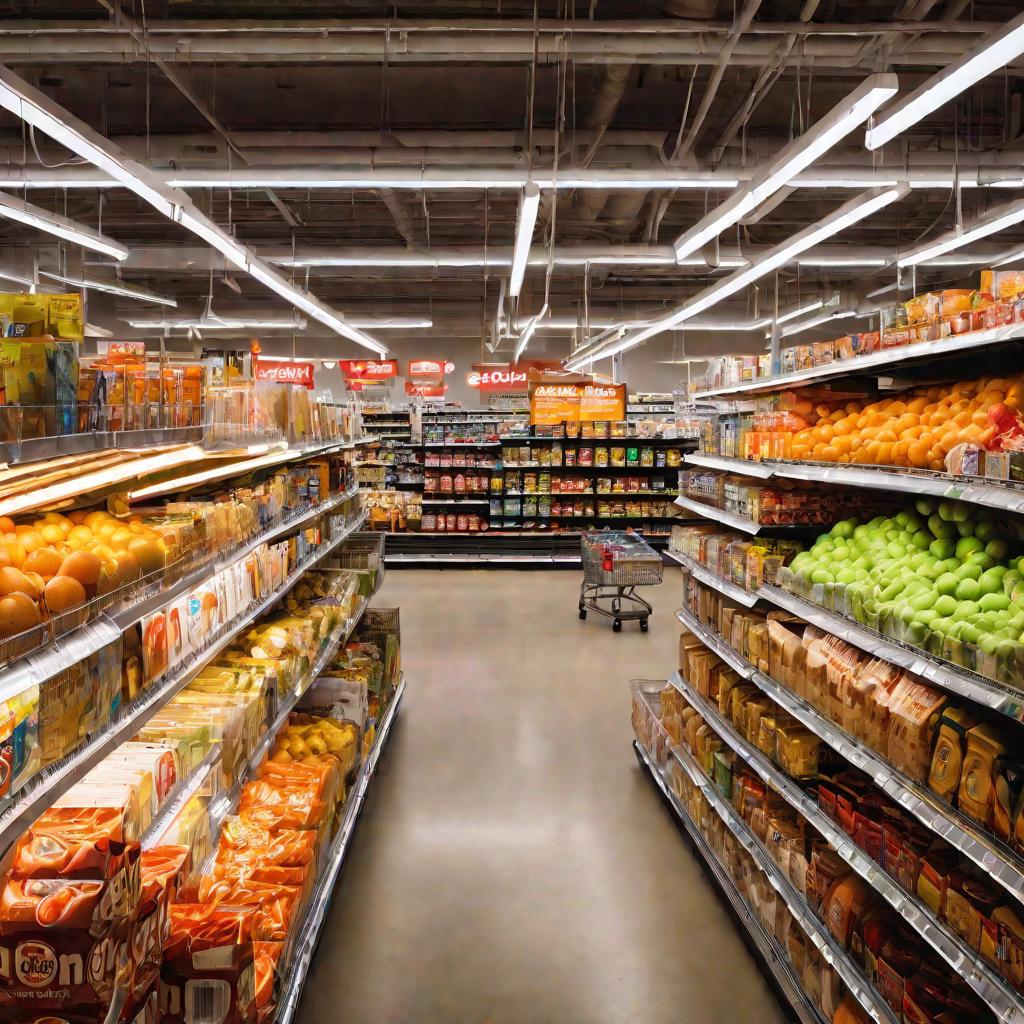 Вид сверху на проход между полками с продуктами в магазине Фикс Прайс, демонстрирующий широкий ассортимент товаров на полках