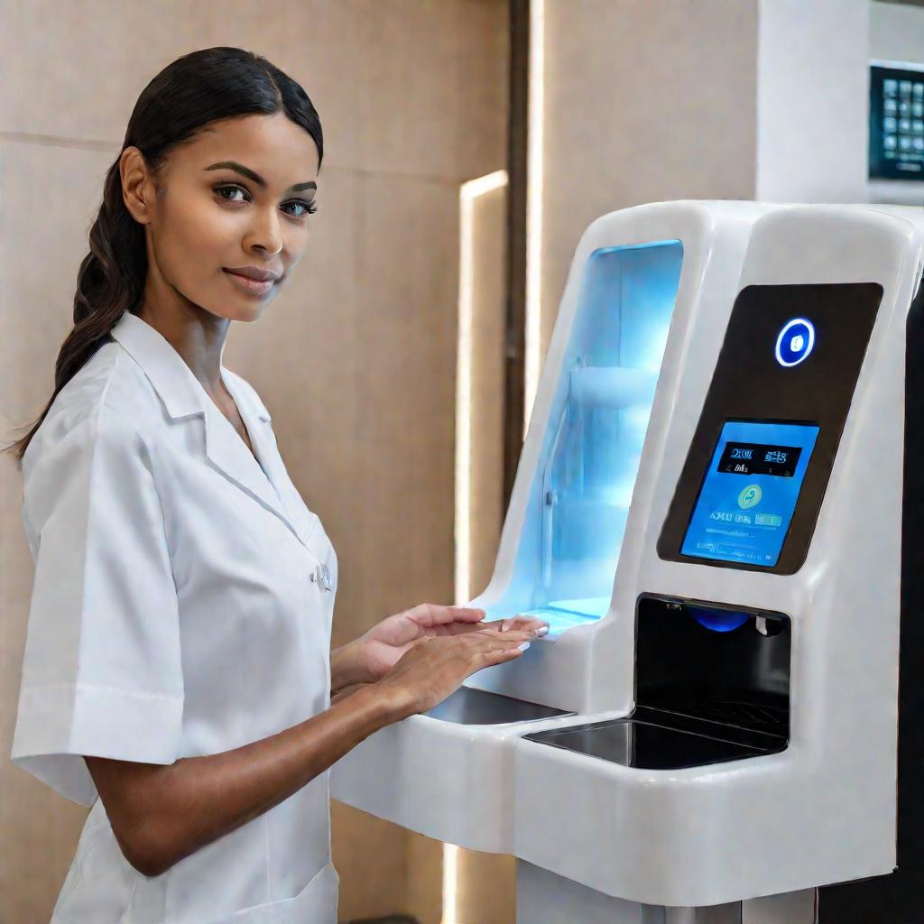 Портрет крупным планом женщины в клинике у автомата для бахил. Спокойное лицо, белая форма медсестры. Рука у панели автомата.