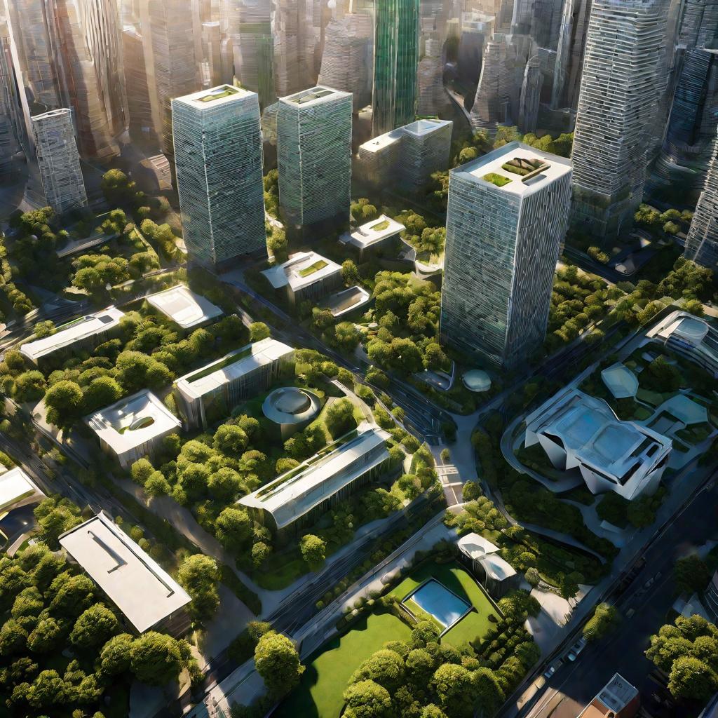 Вид сверху на современный город с небоскребами, парками и улицами