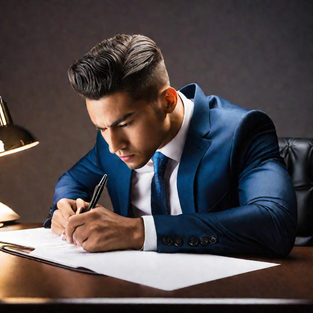 Портрет молодого бизнесмена, подписывающего документы.